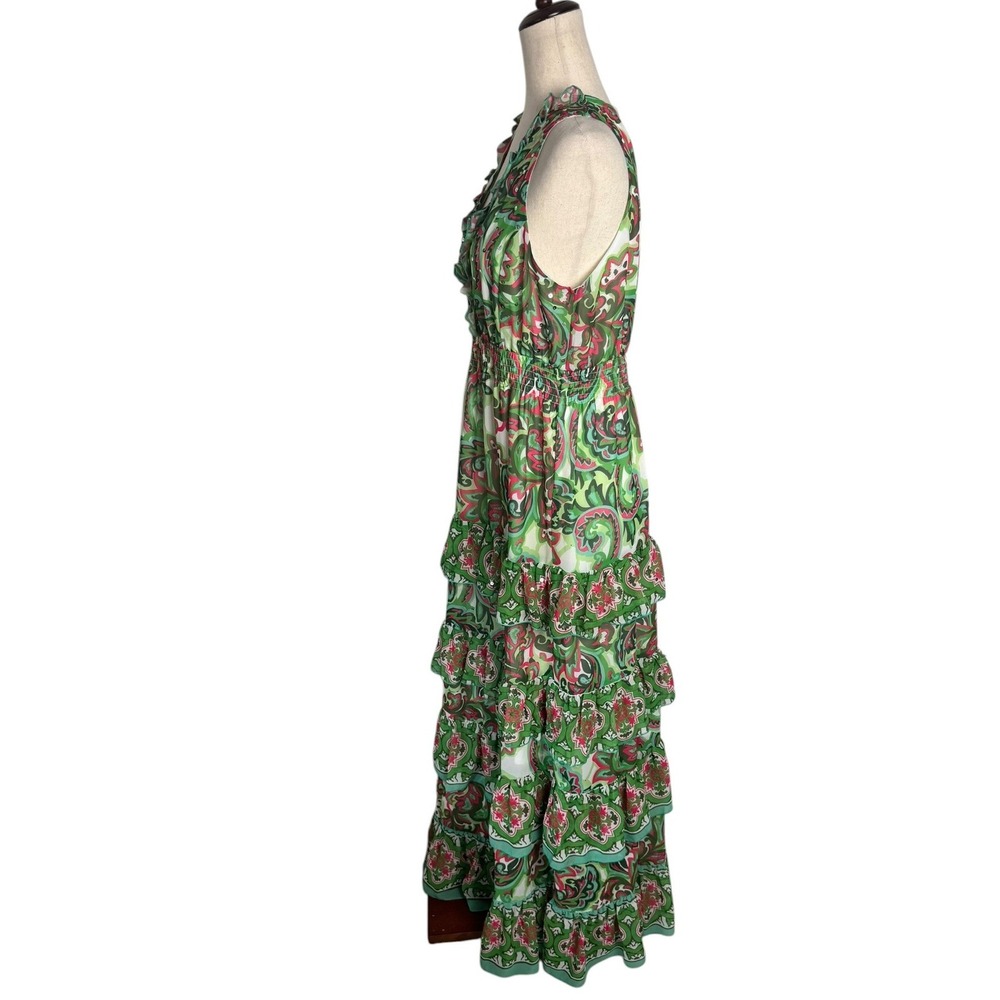 Boston Proper Palma de Scrolls Print Ruffle Maxi Dress Green Pink Sequin Size M - Picture 5 of 13
